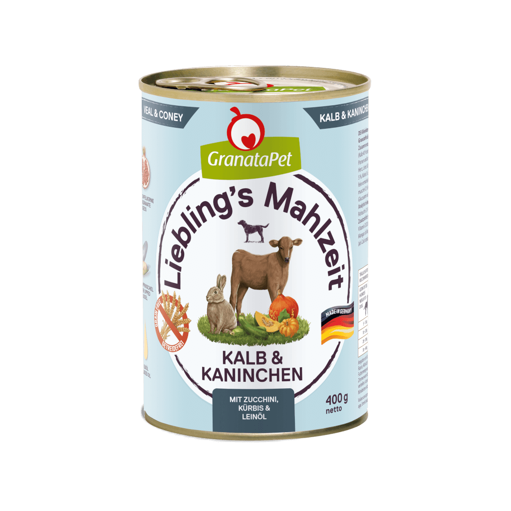 GranataPet Lieblings Mahlzeit Kalb & Wildkaninchen, Zucchini, Kürbis und Leinöl - 6x400g