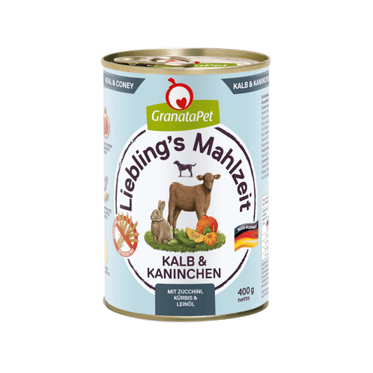 GranataPet Lieblings Mahlzeit Kalb & Wildkaninchen, Zucchini, Kürbis und Leinöl - 6x400g