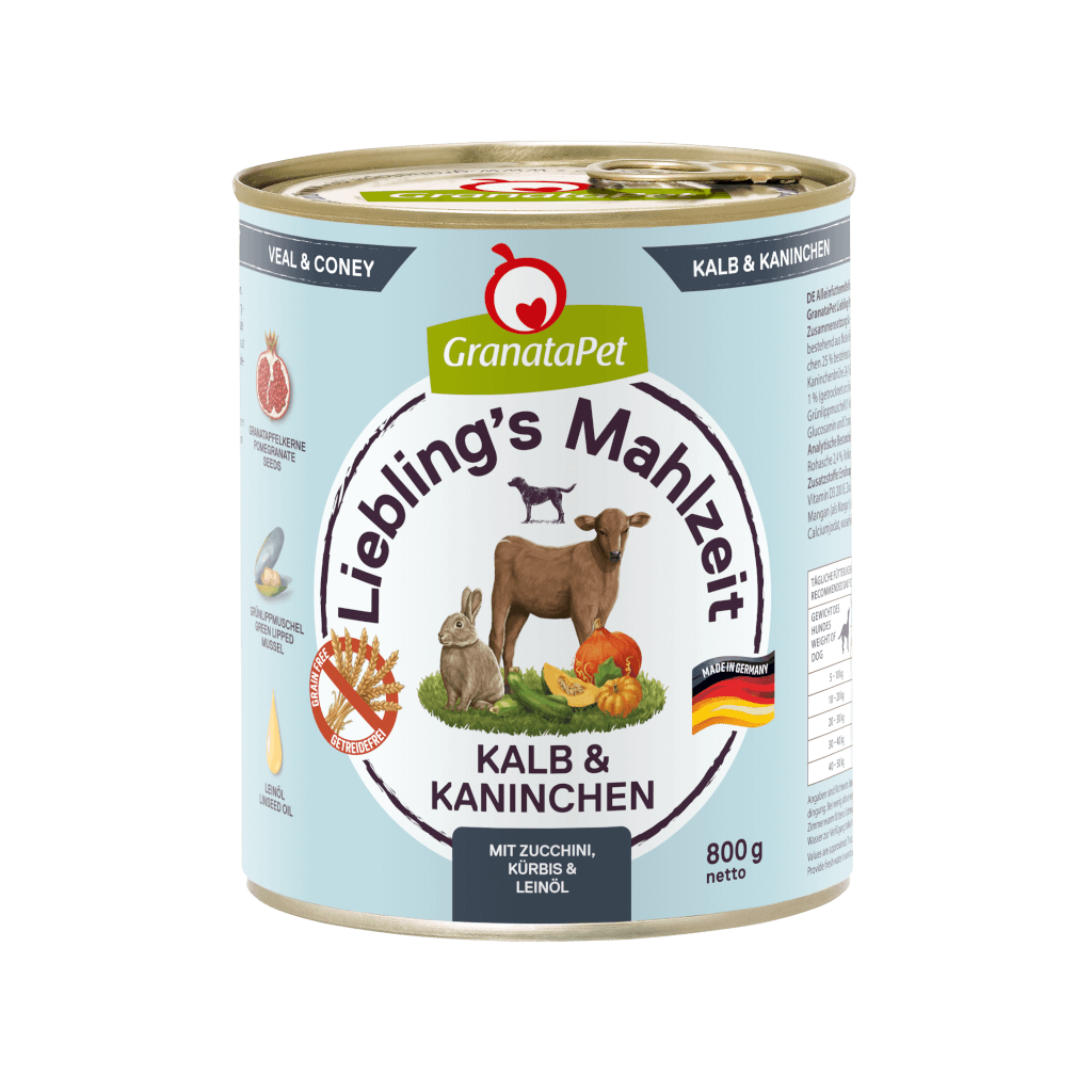 GranataPet Lieblings Mahlzeit Kalb & Wildkaninchen, Zucchini, Kürbis und Leinöl - 6x800g