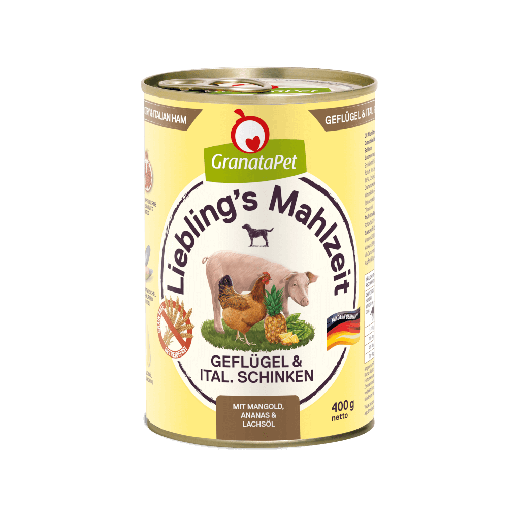 GranataPet Lieblings Mahlzeit Geflügel & italienischer Schinken, Mangold, Ananas und Lachsöl - 6x400g