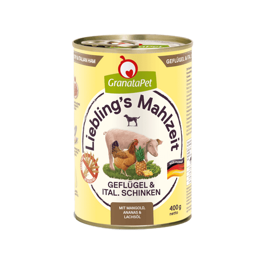 GranataPet Lieblings Mahlzeit Geflügel & italienischer Schinken, Mangold, Ananas und Lachsöl - 6x400g