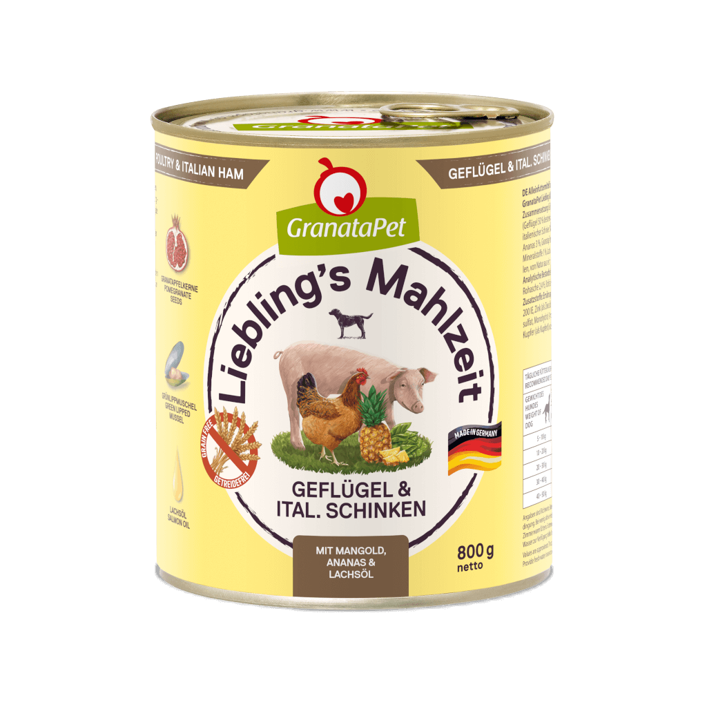 GranataPet Lieblings Mahlzeit Geflügel & italienischer Schinken, Mangold, Ananas und Lachsöl - 6x800g