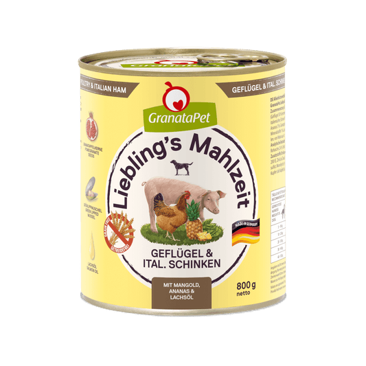 GranataPet Lieblings Mahlzeit Geflügel & italienischer Schinken, Mangold, Ananas und Lachsöl - 6x800g