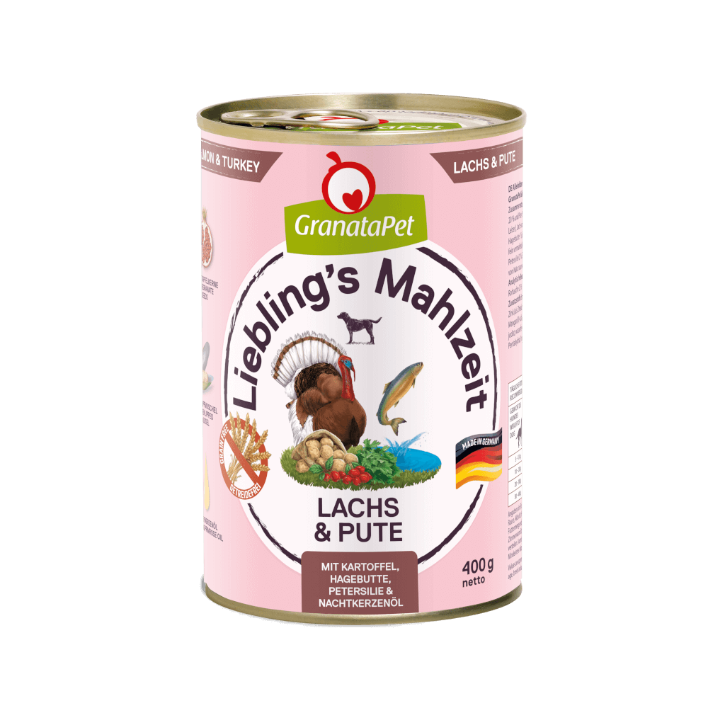 GranataPet Lieblings Mahlzeit Lachs & Pute mit Kartoffel, Hagenbutten, Petersilie und Nachtkerzenöl - 6x400g