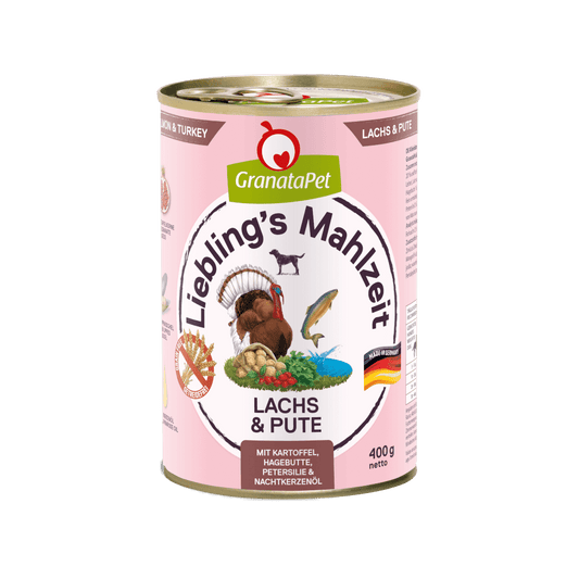 GranataPet Lieblings Mahlzeit Lachs & Pute mit Kartoffel, Hagenbutten, Petersilie und Nachtkerzenöl - 6x400g