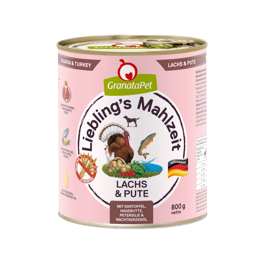 GranataPet Lieblings Mahlzeit Lachs & Pute mit Kartoffel, Hagenbutten, Petersilie und Nachtkerzenöl - 6x800g