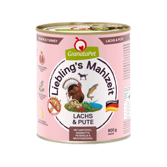 GranataPet Lieblings Mahlzeit Lachs & Pute mit Kartoffel, Hagenbutten, Petersilie und Nachtkerzenöl - 6x800g